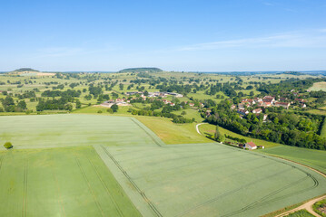 The forests and fields of the countryside in Europe, in France, in Burgundy, in Nievre, in Cuncy les Varzy, towards Clamecy, in summer, on a sunny day.