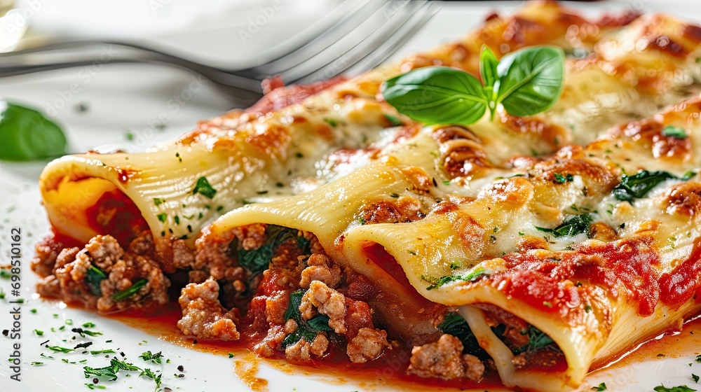 Wall mural cannelloni pasta with ricotta, minced beef, spinach isolated on white background