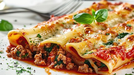 Cannelloni Pasta with Ricotta, Minced Beef, Spinach Isolated on White Background - obrazy, fototapety, plakaty