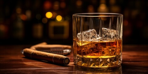 Whiskey in a crystal glass next to a cigar on a wooden surface with a warm bokeh background - obrazy, fototapety, plakaty