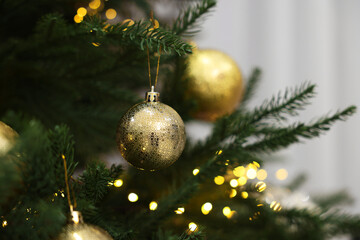 Christmas balls hanging on fir tree indoors, closeup. Space for text