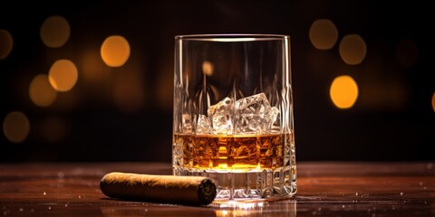 Whiskey in a crystal glass next to a cigar on a wooden surface with a warm bokeh background