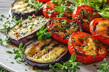 Grilled Vegetables Plate, Sliced Barbecue Eggplant, Zucchini, Sweet Red Bulgarian Pepper Fresh Greens - obrazy, fototapety, plakaty