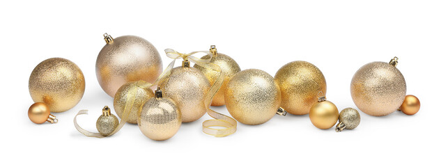 Many golden Christmas balls isolated on white