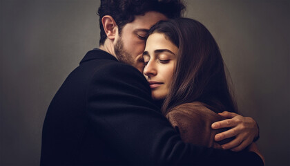 Jewish Couple embracing each other. Romantic Jewish man in yarmulke gently holding and cuddle together of the woman . Woman hug. romance, Love and Flirt concept.