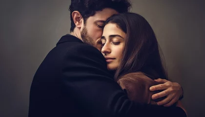 Foto op Plexiglas Jewish Couple embracing each other. Romantic Jewish man in yarmulke gently holding and cuddle together of the woman . Woman hug. romance, Love and Flirt concept. © annebel146