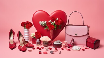  a valentine's day arrangement of red roses, a pink purse, a pink purse, and a pink heart.