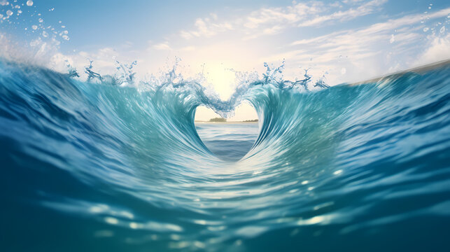 Heart shaped waves in light blue sea, Valentine's Day background