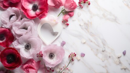  a white heart surrounded by pink and red flowers on a white marble surface with pink and red flowers surrounding it.