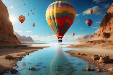 Hot air balloon flying above scenic lake and landscape, travel and adventure concept background