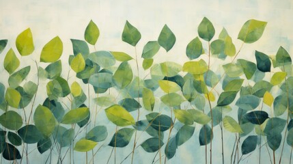  a painting of a bunch of green leaves on the side of a wall with a blue sky in the background.