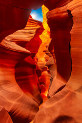 Beautiful vertical wide angle view of amazing sandstone formations in famous Antelope Canyon on a sunny day near the old town of Page at Lake Powell, American Southwest, Arizona, USA