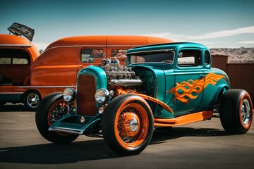Beautiful hot rod vintage teal and orange car, automotive wallpaper, background, template