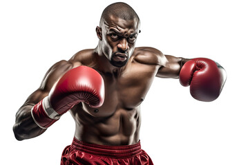 dynamic portrait of a male Afro-American boxer posing with gloves on transparent background