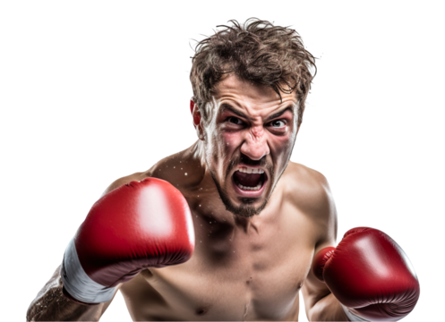 dynamic portrait of a male caucasian boxer posing with gloves on transparent background