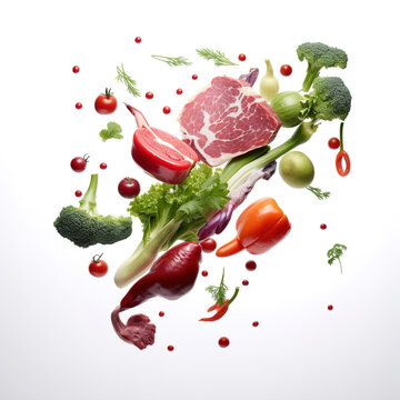Various vegetables and meat flying in the air chaotically. White isolated food design elements.