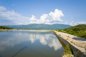 A village path in the middle of a lake and rice fields, Asia, Vietnam, Tonkin, Dien Bien Phu, in summer, on a sunny day.