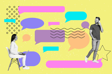 Bright poster picture collage of two people lady guy using different device for communication
