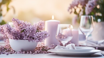  a close up of a table with a vase of flowers and a plate with a glass of wine on it.