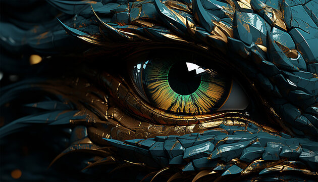 Dragon or dinosaur monster eye 3D, monochrome reptile eyeball and spiky skin. Realistic fantasy creature pupil. Mythical animal Copy space