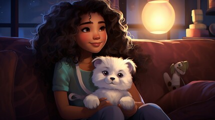 A playful mixed race girl sitting cross-legged on a cozy couch, holding a fluffy Persian kitten in...