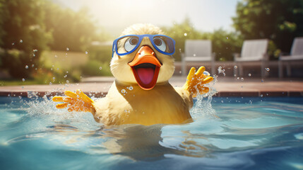 Funny duck having fun at a summer pool party