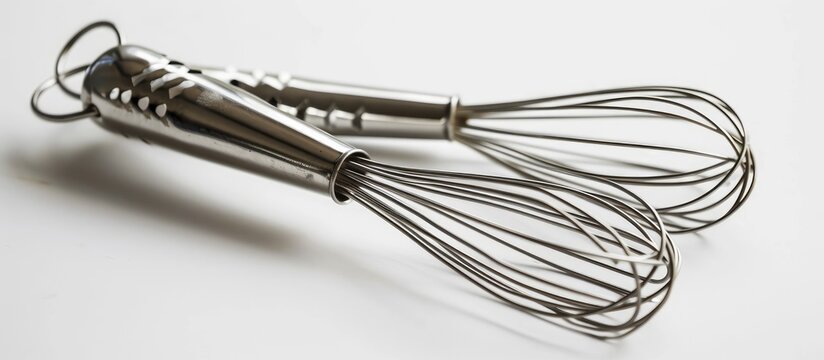 Isolated tin cooking whisks on white backdrop.
