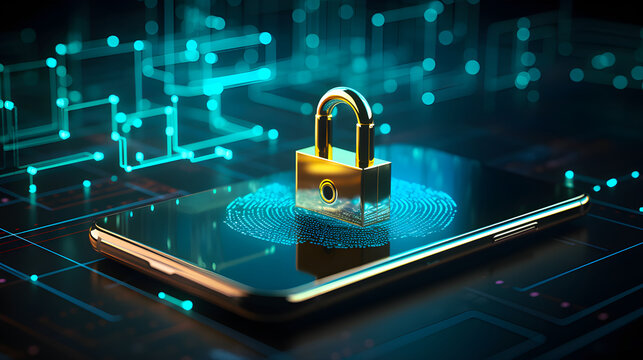 A golden padlock is on a smartphone, showing a fingerprint, on a background with digital lines, suggesting phone security