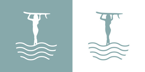 Logo club de surf. Silueta de mujer andando con tabla de surf sobre la cabeza con olas de mar © teracreonte
