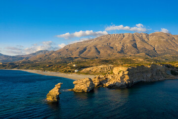 The rocks by Triopetra Beach , in Europe, Greece, Crete, towards Rethymno, By the Mediterranean Sea, in summer, on a sunny day.