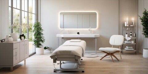 Interior of a modern, bright beauty salon with treatment bed