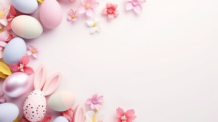  Many colorful eggs and flowers arranged on a pink background. for Easter, spring, farm, or food-themed designs and projects. Adds a vibrant and cheerful touch.Easter holiday card concept.copy space