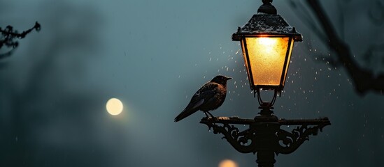 Solitary bird perched on dark sky lantern. - obrazy, fototapety, plakaty