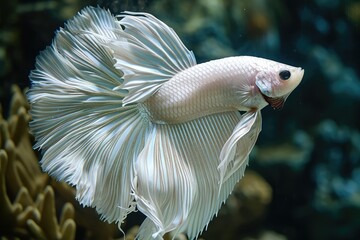 White Siamese Fighting Fish, Rosetail Halfmoon Aquarium Pet, White Betta Splendens in Fish Tank
