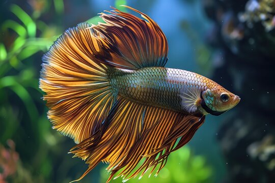 Brown Siamese Fighting Fish, Rosetail Halfmoon Aquarium Pet, White Betta Splendens in Fish Tank
