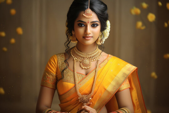 indian bride wearing traditional saree and gold jewelry
