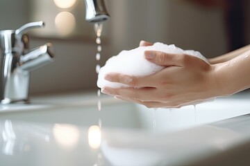 Washing Hands with Soap Closeup. Woman Wash her Palms, Soapy Arms, Washing Hands - obrazy, fototapety, plakaty