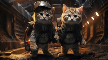 An artistic depiction of two twin cats dressed in coordinating clothes, their backpacks adding a...