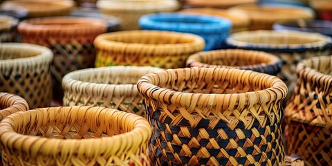 Many Wicker Baskets on Handicraft Market, New Wickerwork, Hand Made Basket, Bamboo Containers