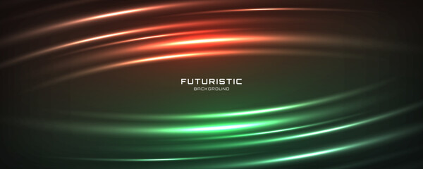 3D orange green techno background on dark space with glow lines effect shape decoration. Fast motion style. Modern graphic design element panoramic high speed concept for banner brochure cover or card