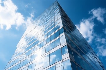 Fototapeta na wymiar Reflective glass facade of a skyscraper against a blue sky with clouds.
