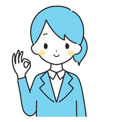 水色｜OKマークのスーツの女性｜上半身