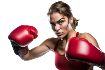 dynamic portrait of a female caucasian boxer woman posing with gloves on transparent background