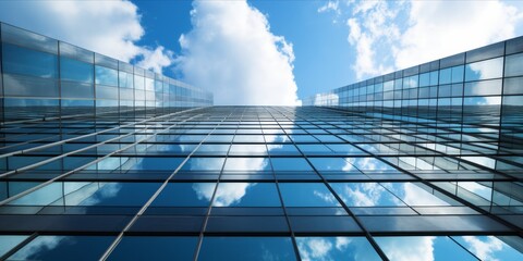 Reflective glass facade of a skyscraper against a blue sky with clouds.