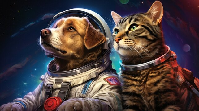 An endearing image of a dog and cat cosmonaut, their space suits adorned with colorful patches, embracing tightly in zero gravity against a backdrop of twinkling stars.