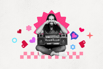 Collage image of cheerful funky black white effect guy hold boombox like notification painted heart...