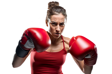 dynamic portrait of a female caucasian boxer woman posing with gloves on transparent background