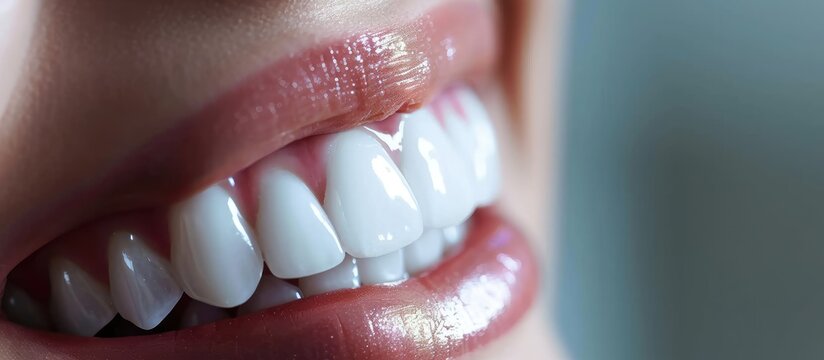 Teeth whitening with crown, perfect smile, dental care and copyspace.