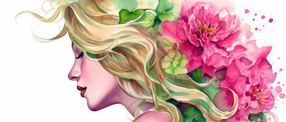 Watercolor young woman with flowers portrait art. Colorful creative watercolor illustration