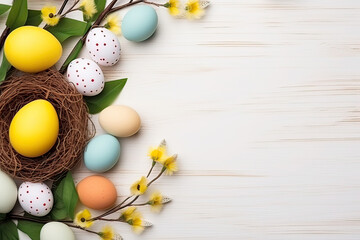 Obraz na płótnie Canvas easter background with colorful eggs and flowers on white background.happy Easter, spring, farm, holiday,festive scene , greeting cards, posters, .Easter holiday card concept.copy space
